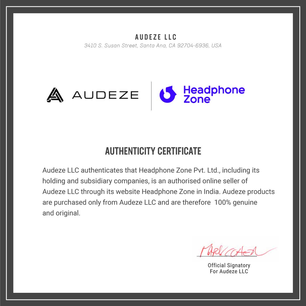 Headphone-Zone-Audeze-Certificate