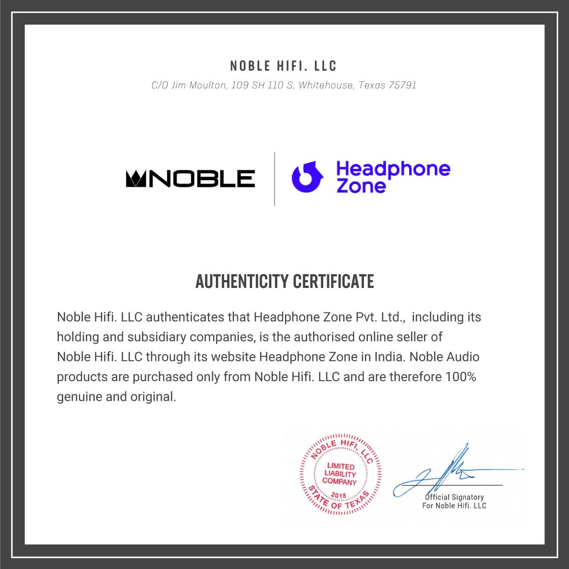 Headphone-Zone-Noble-Audio-Knight-Authentication-Certificate